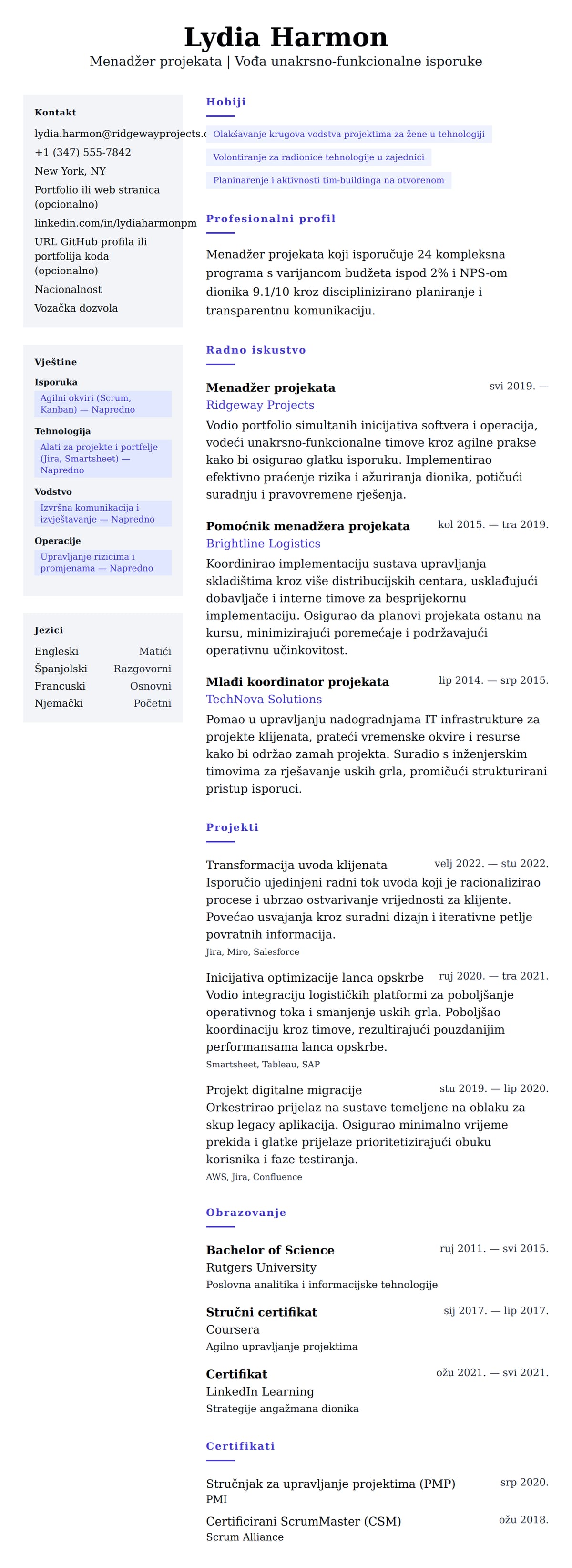 Pregled životopisa za Primjer životopisa menadžera projekata