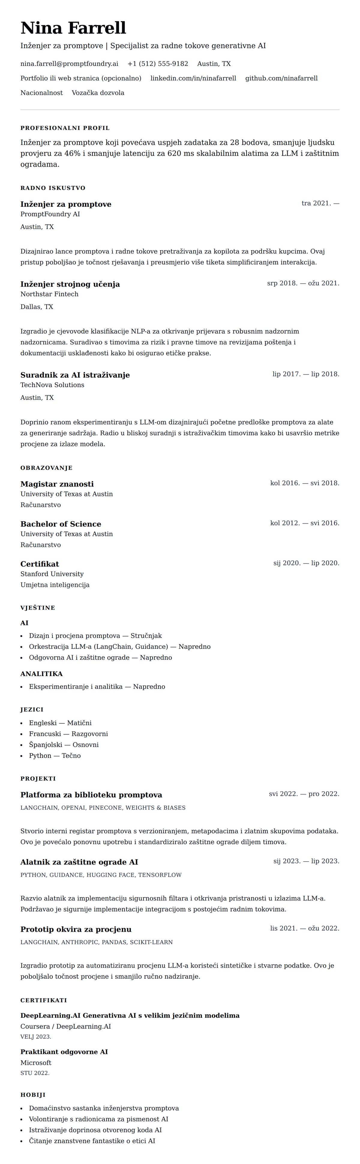 Pregled životopisa za Primjer životopisa za inženjera za promptove