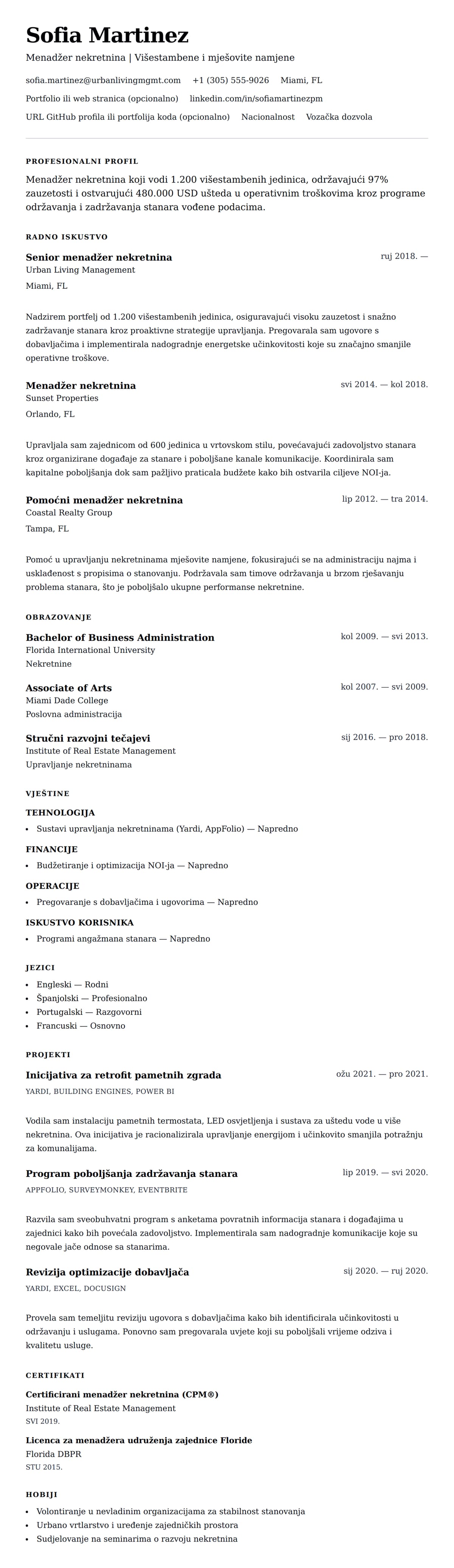 Pregled životopisa za Primjer životopisa menadžera nekretnina