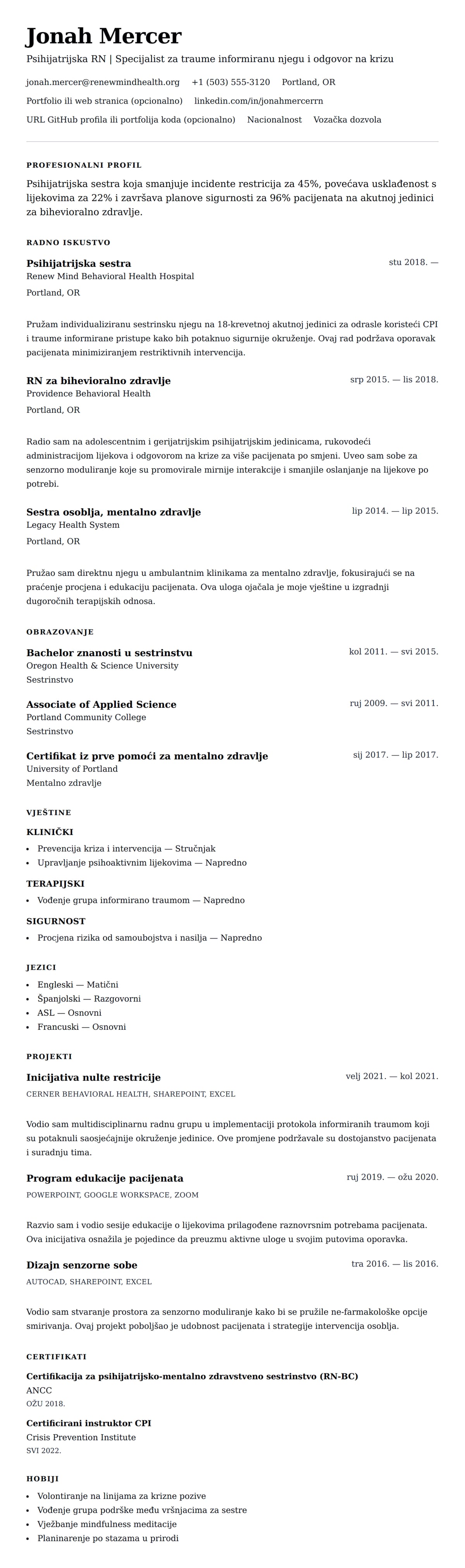 Pregled životopisa za Primjer životopisa za psihijatrijsku sestru