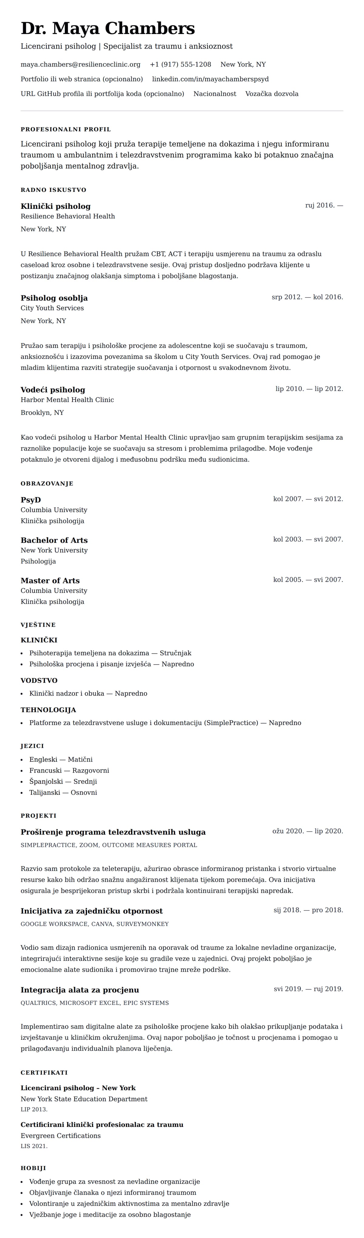 Pregled životopisa za Primjer životopisa psihologa