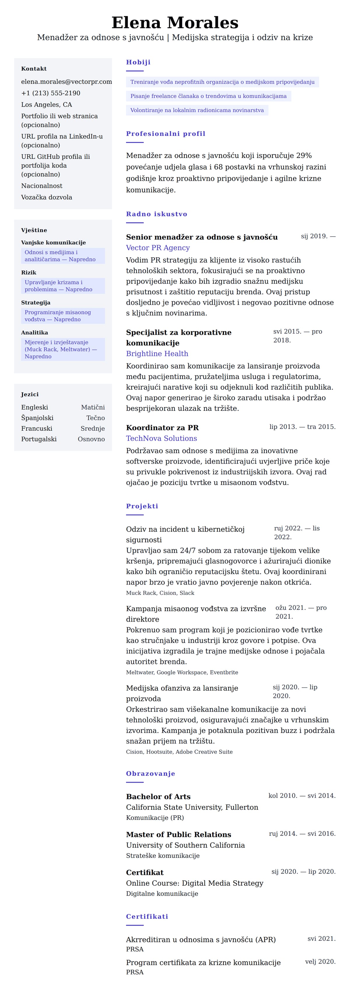 Pregled životopisa za Primjer životopisa za menadžera za odnose s javnošću