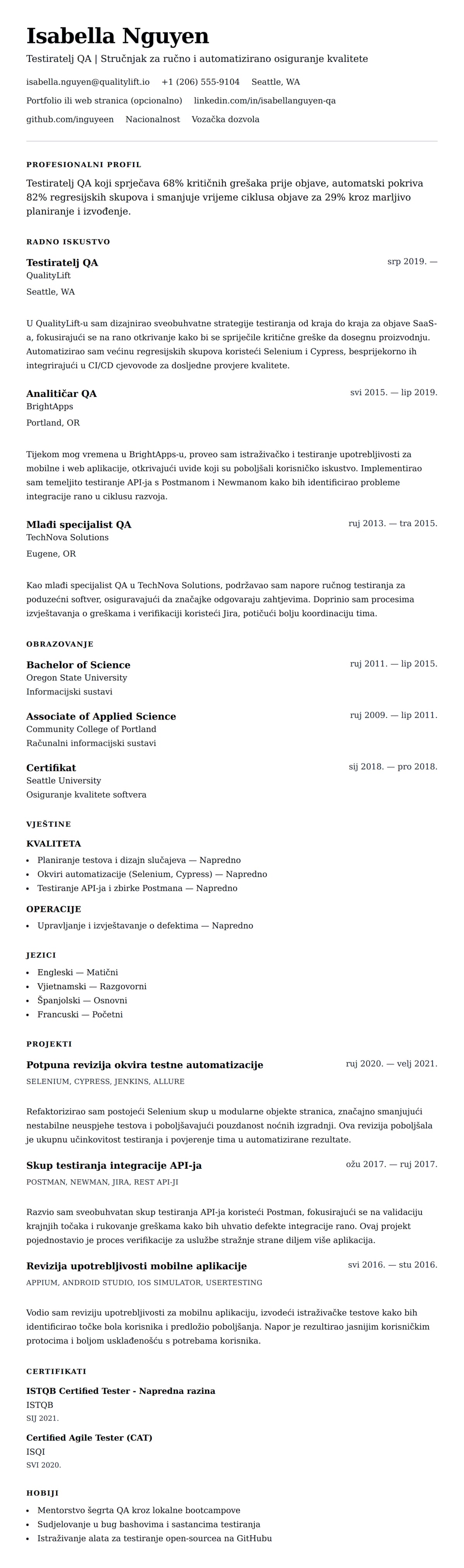 Pregled životopisa za Primjer CV-a za testiratelja QA
