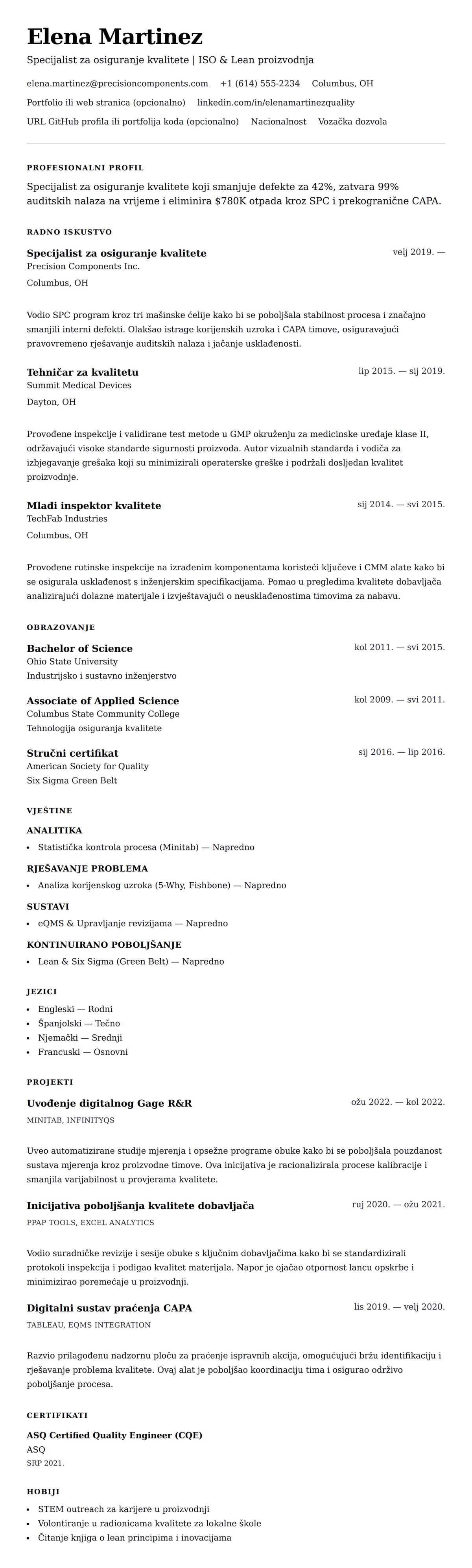 Pregled životopisa za Primjer životopisa specijalista za osiguranje kvalitete