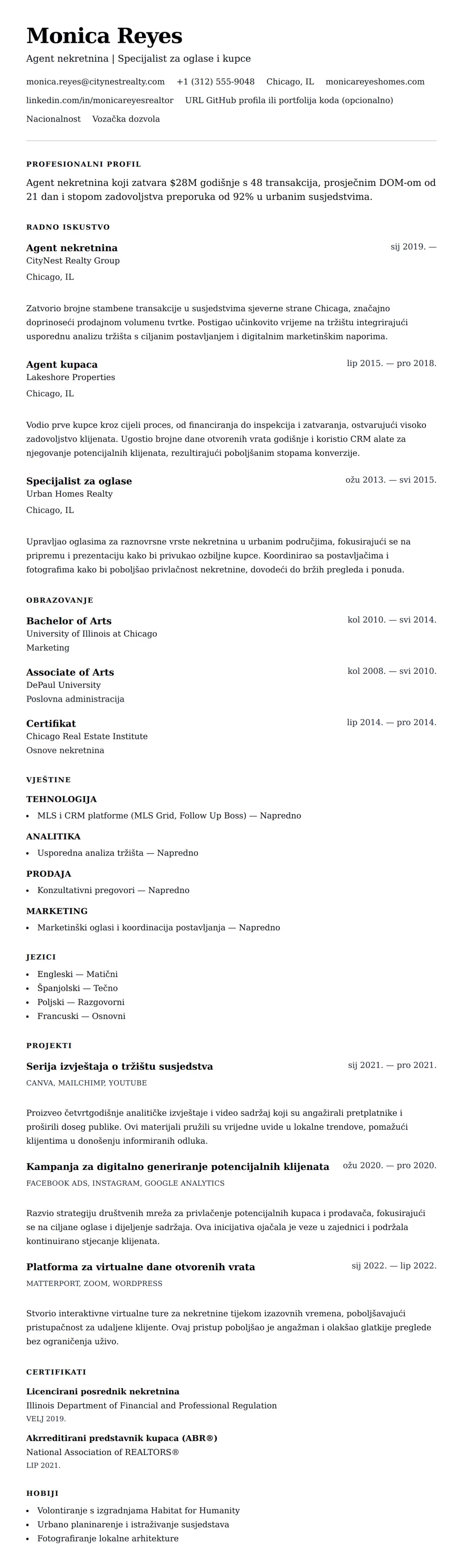 Pregled životopisa za Primjer životopisa agenta nekretnina