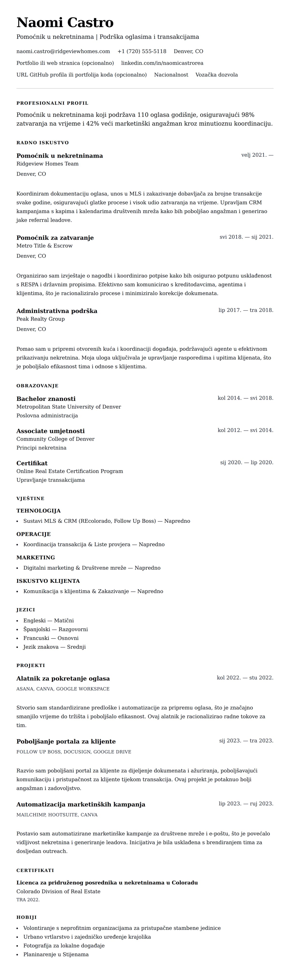 Pregled životopisa za Primjer rezimea za pomoćnika u nekretninama