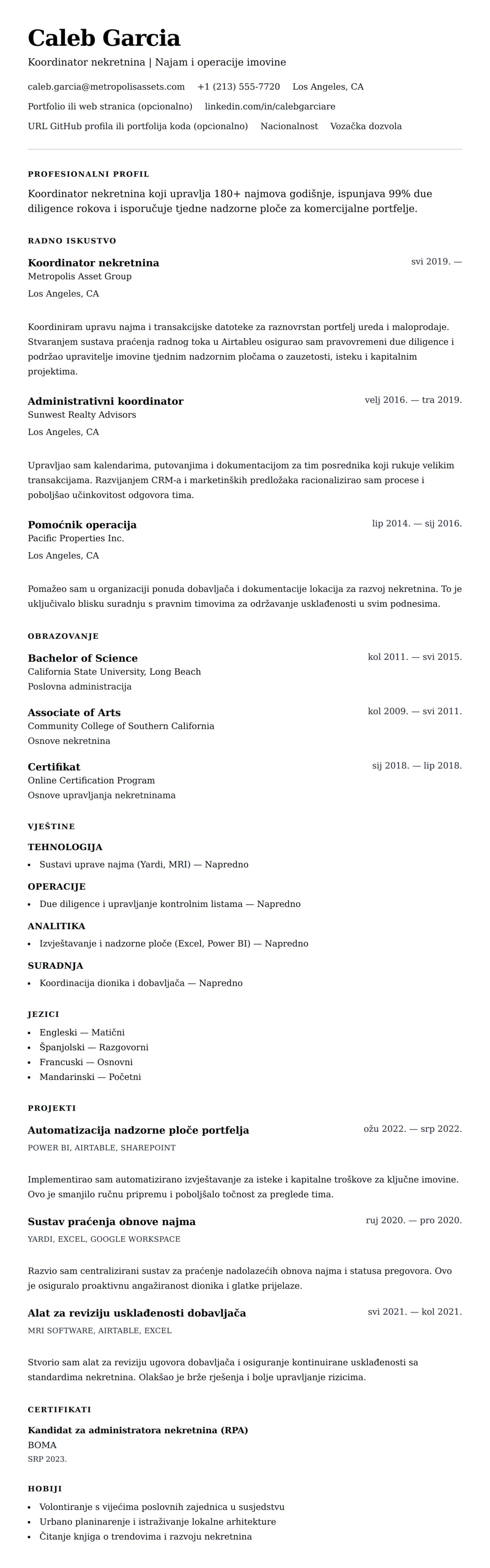 Pregled životopisa za Primjer rezimea za koordinatora nekretnina