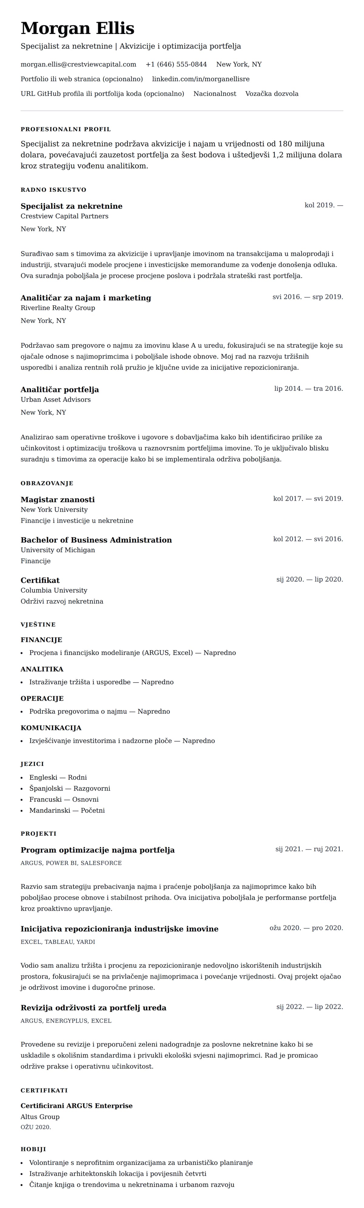 Pregled životopisa za Primjer životopisa specijalista za nekretnine