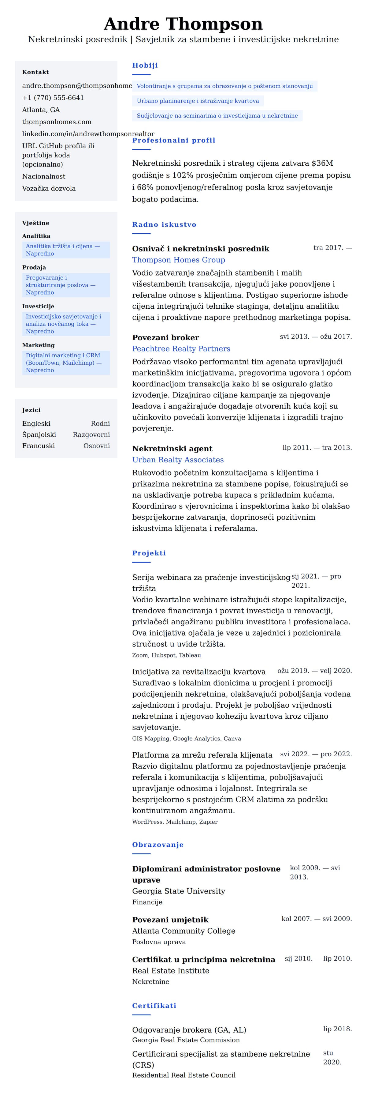 Pregled životopisa za Primjer životopisa nekretninskog posrednika