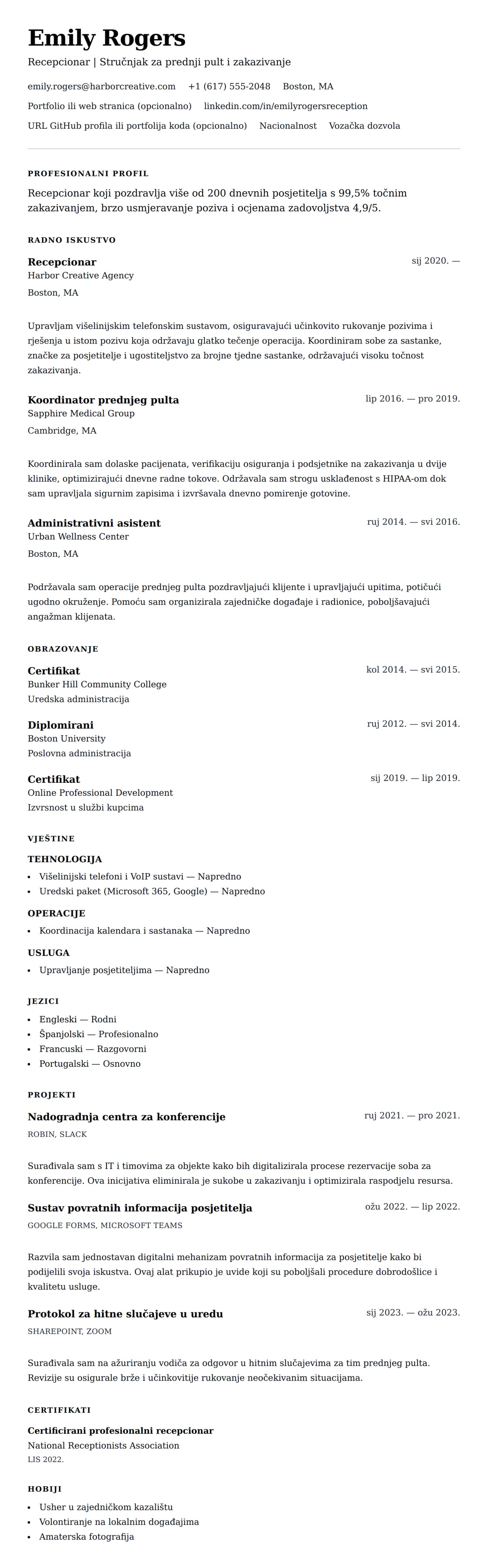 Pregled životopisa za Primjer životopisa za recepcionara