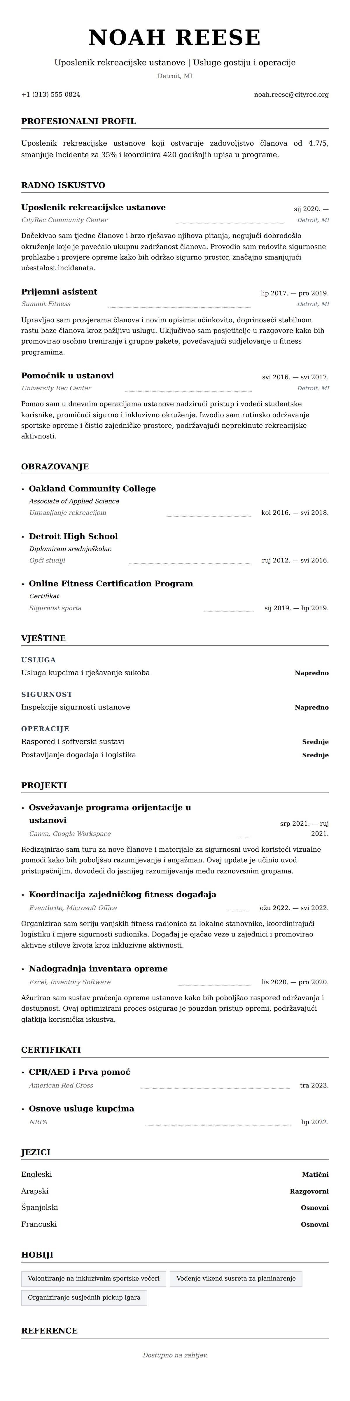 Pregled životopisa za Primjer životopisa za uposlenika rekreacijske ustanove
