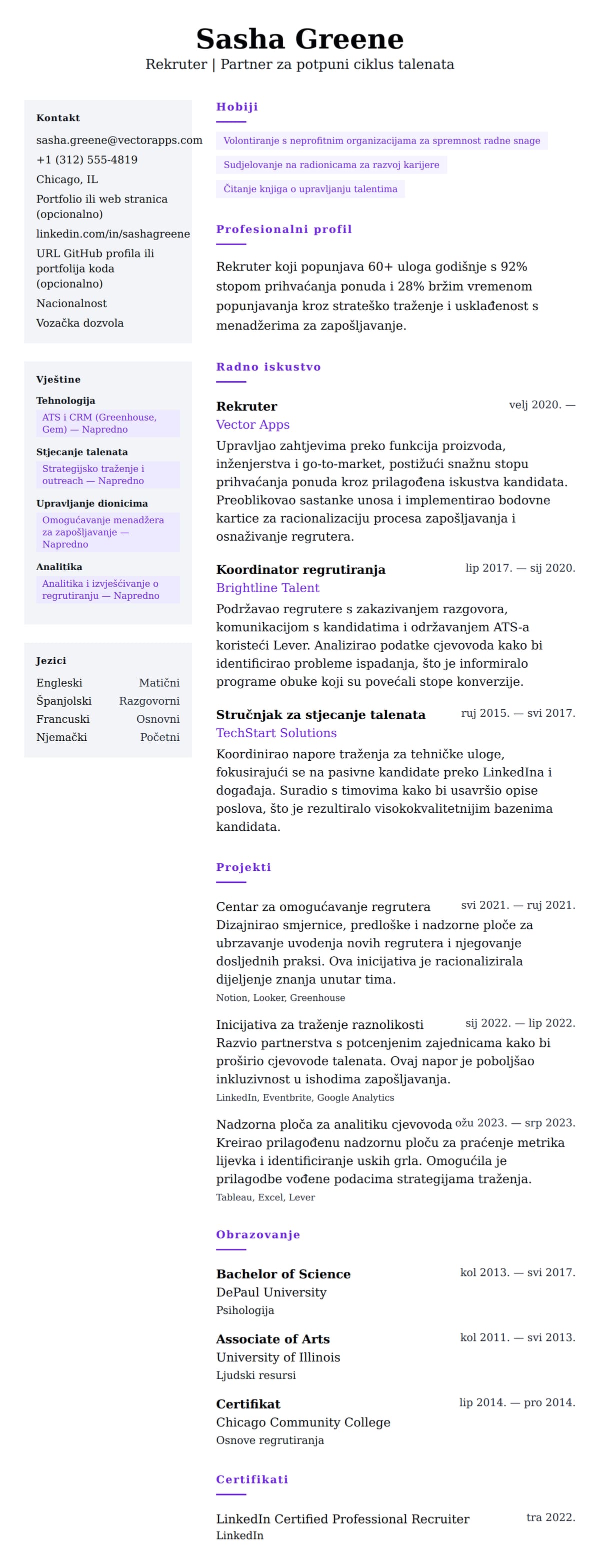 Pregled životopisa za Primjer CV-a za regrutera