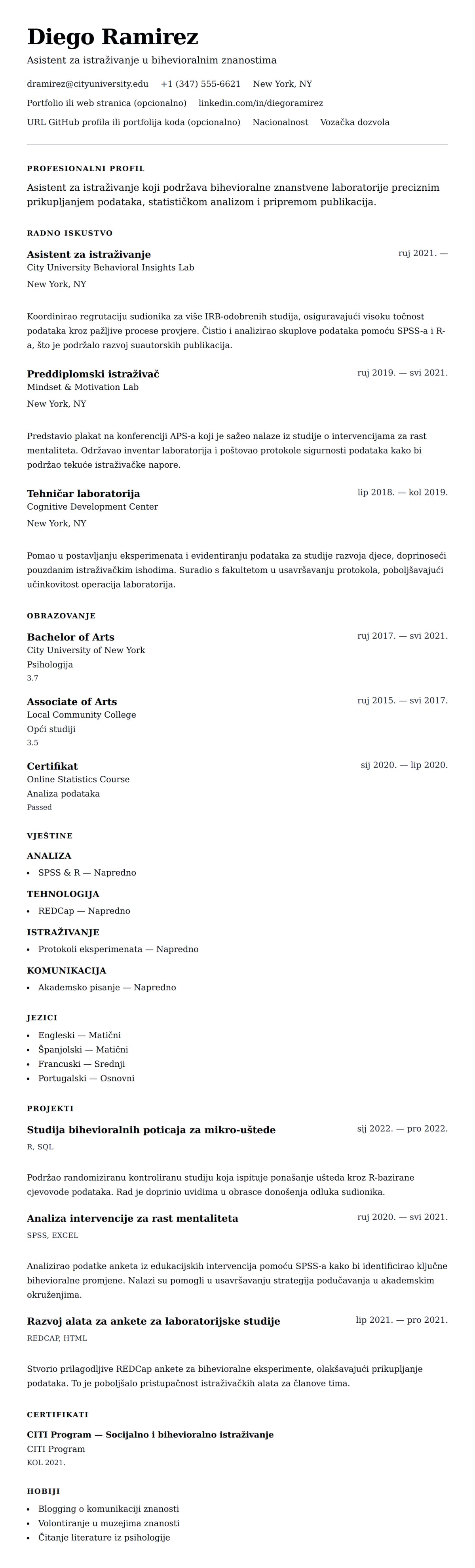 Pregled životopisa za Primjer životopisa za asistent za istraživanje