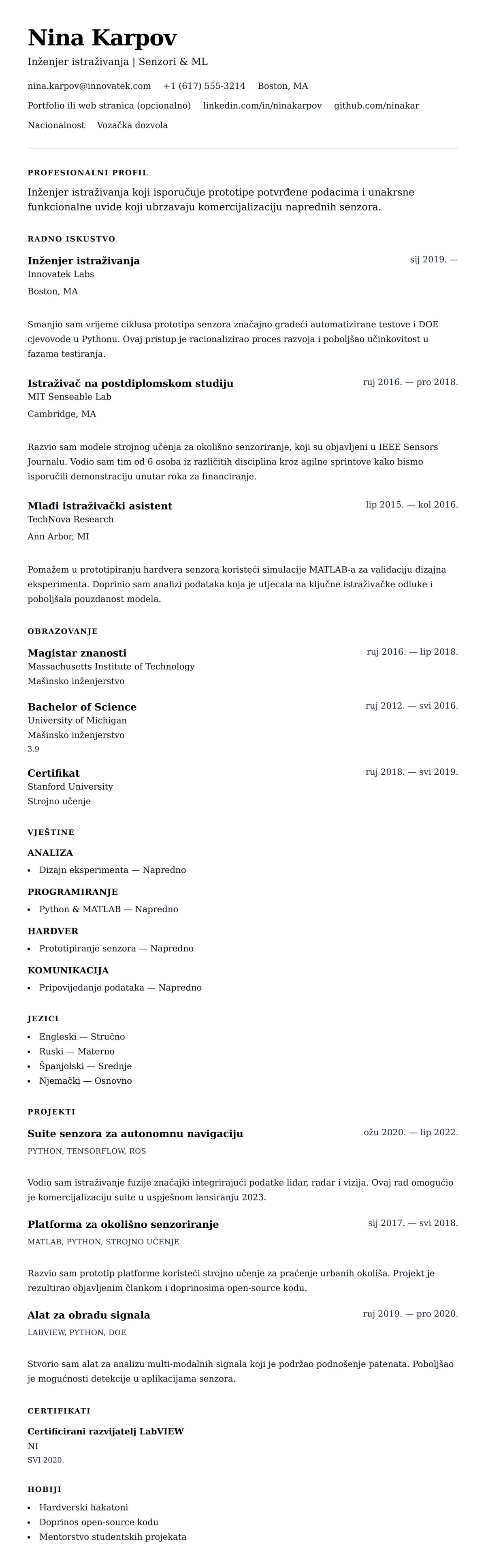 Pregled životopisa za Primjer životopisa za inženjera istraživanja