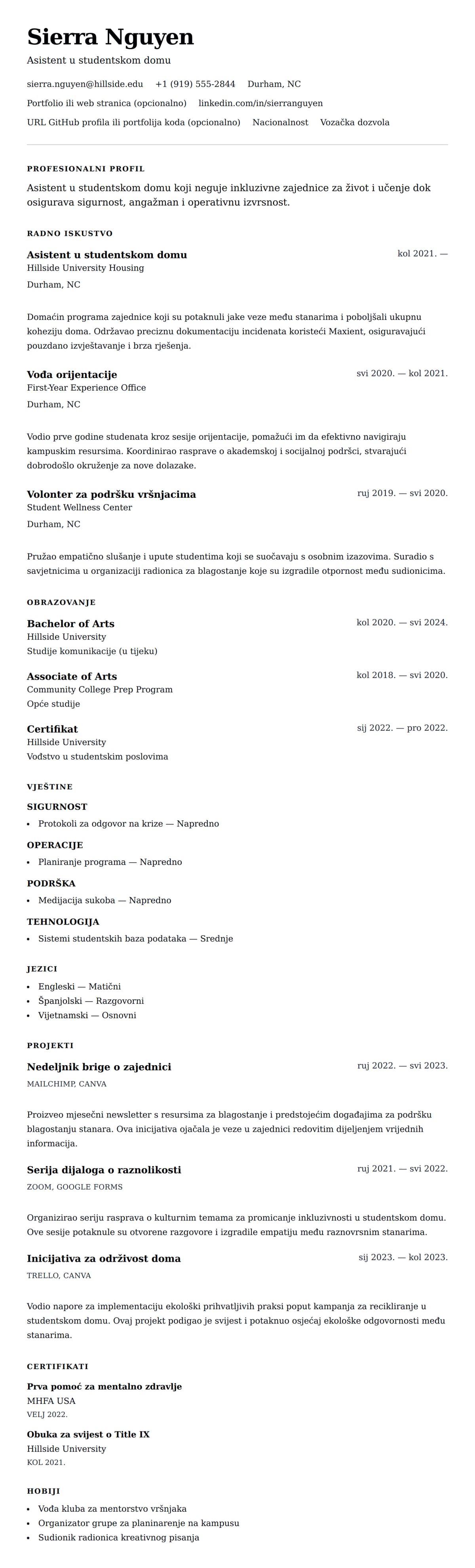 Pregled životopisa za Primjer rezimea za asistenta u studentskom domu