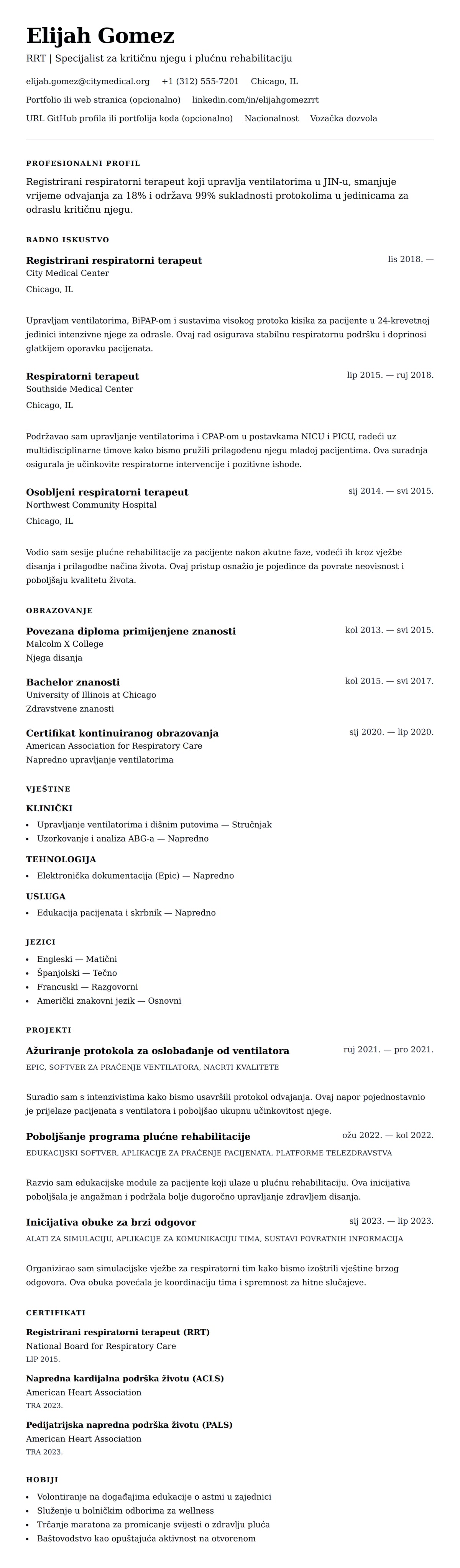 Pregled životopisa za Primjer životopisa respiratornog terapeuta