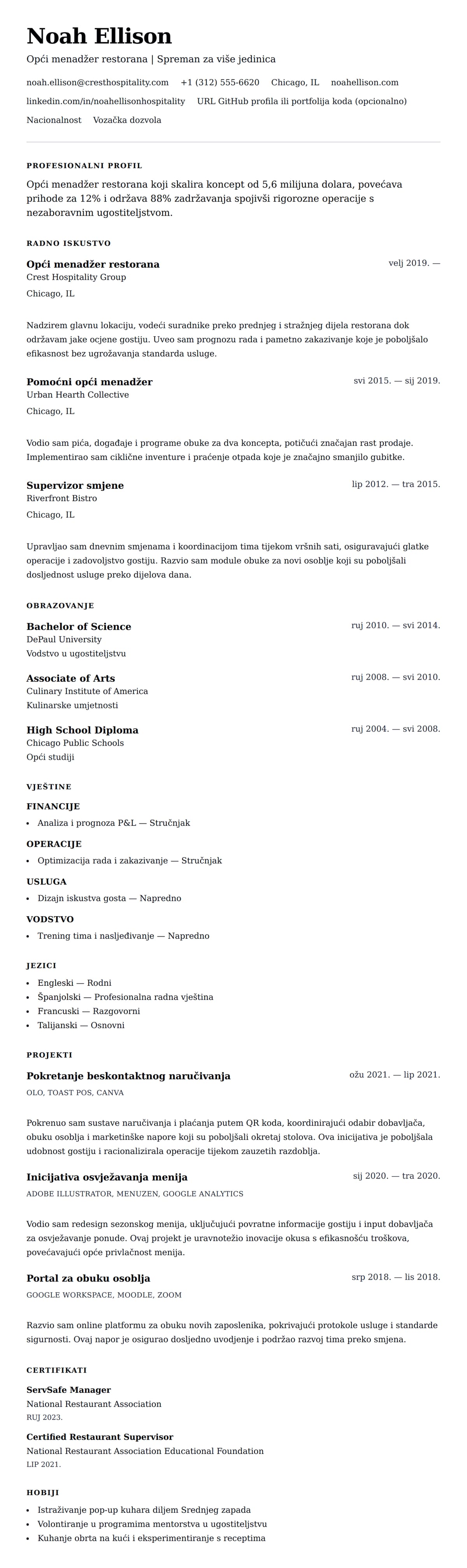 Pregled životopisa za Primjer životopisa menadžera restorana