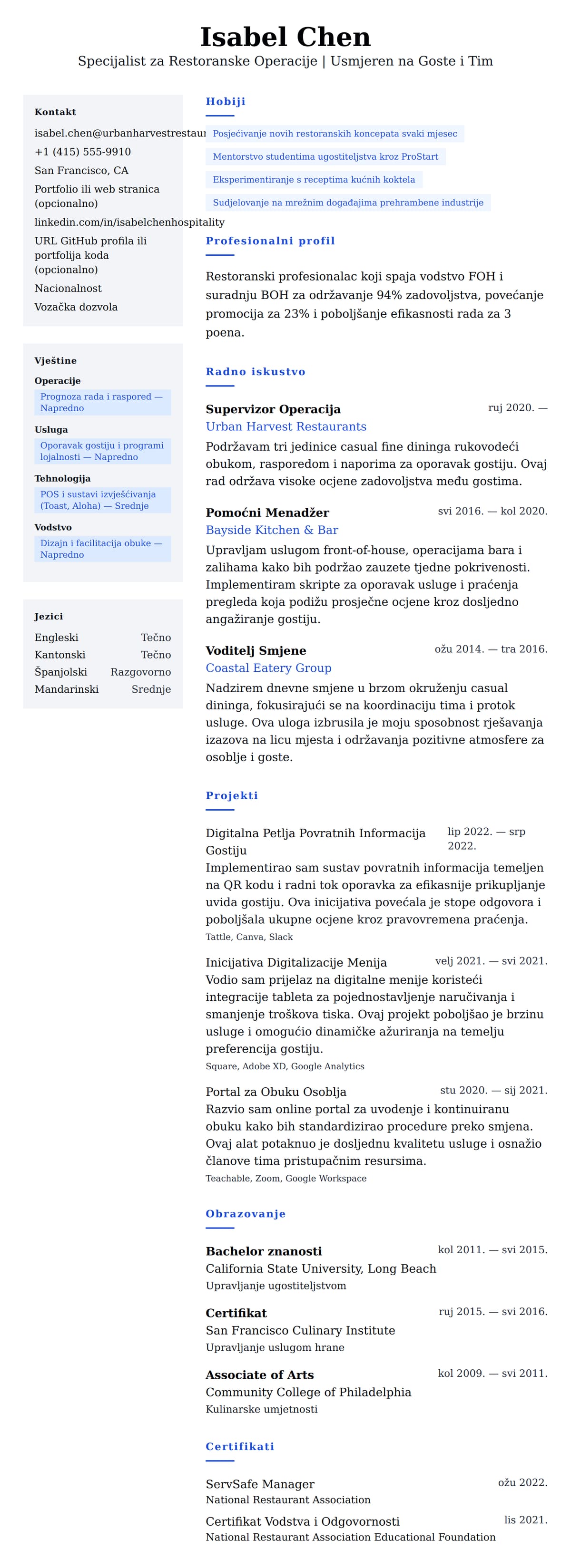 Pregled životopisa za Primjer Životopisa Restoranskog Profesionalca