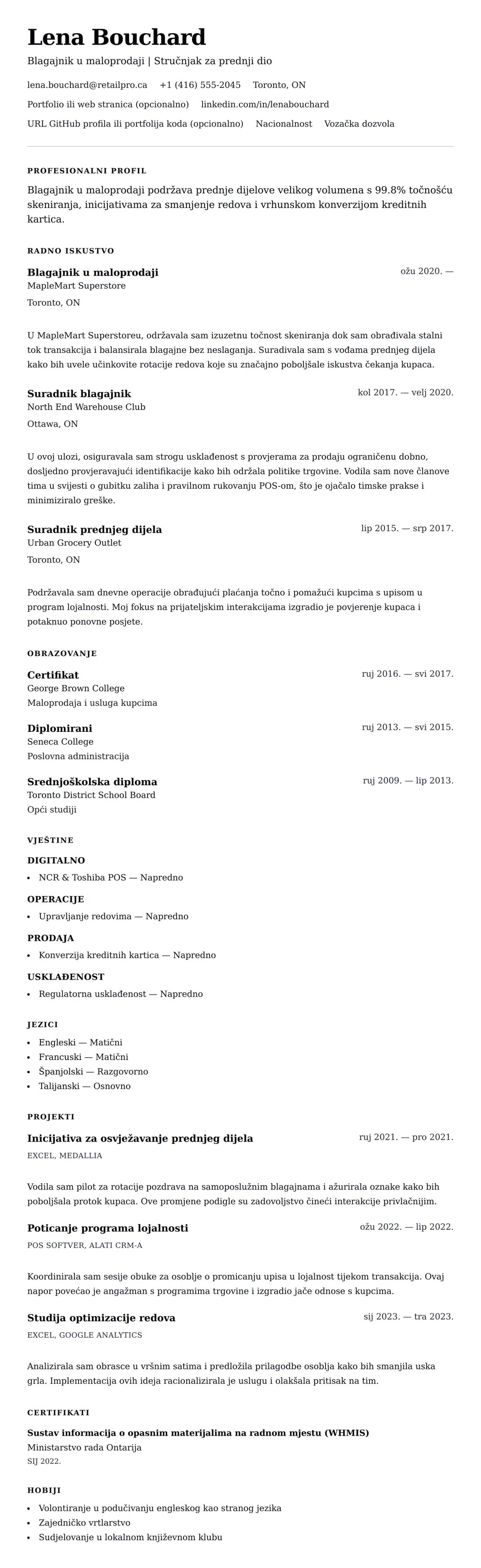 Pregled životopisa za Primjer životopisa za blagajnika u maloprodaji