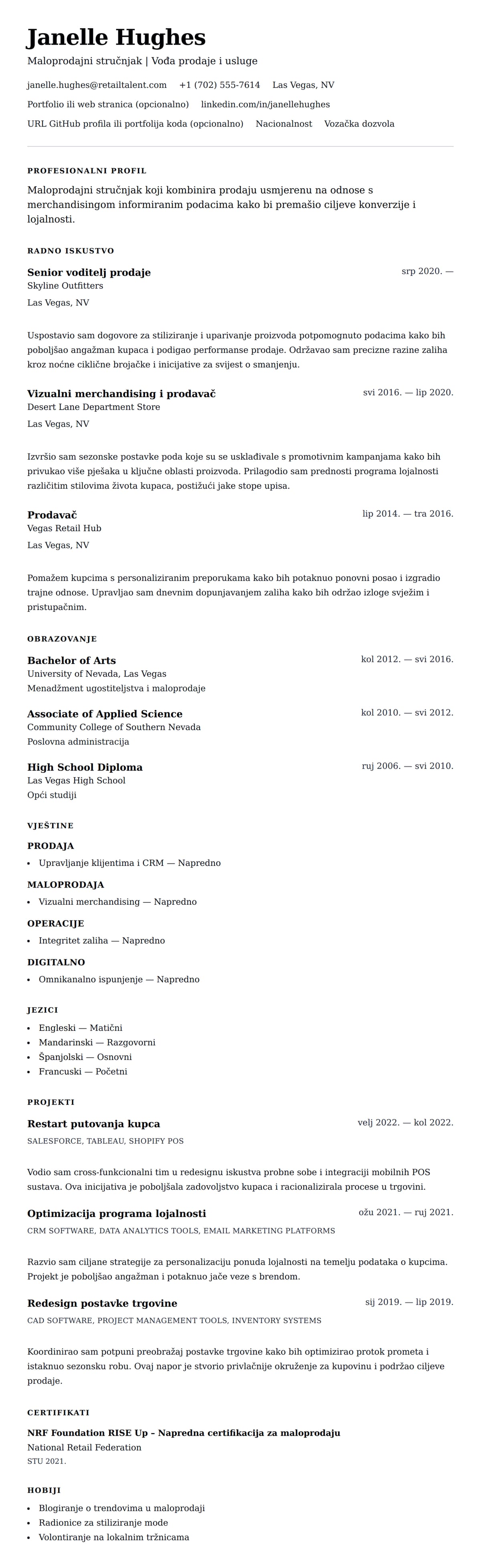 Pregled životopisa za Primjer životopisa za maloprodajnog stručnjaka