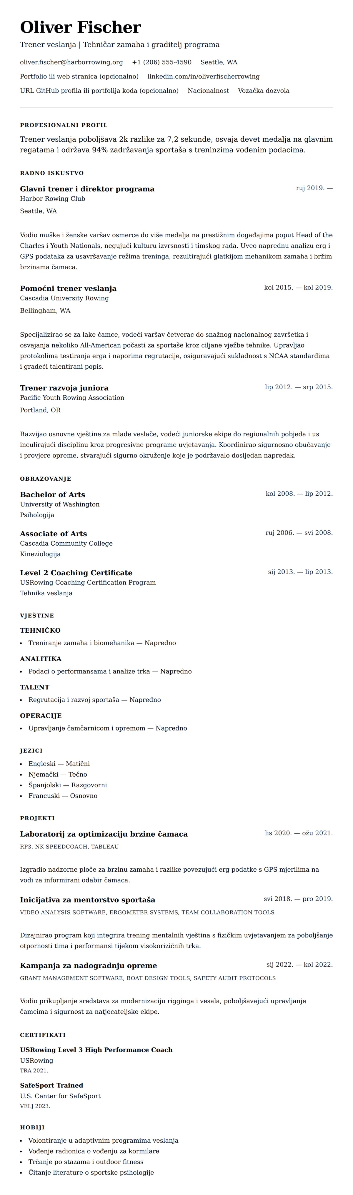 Pregled životopisa za Primjer životopisa za trenera veslanja