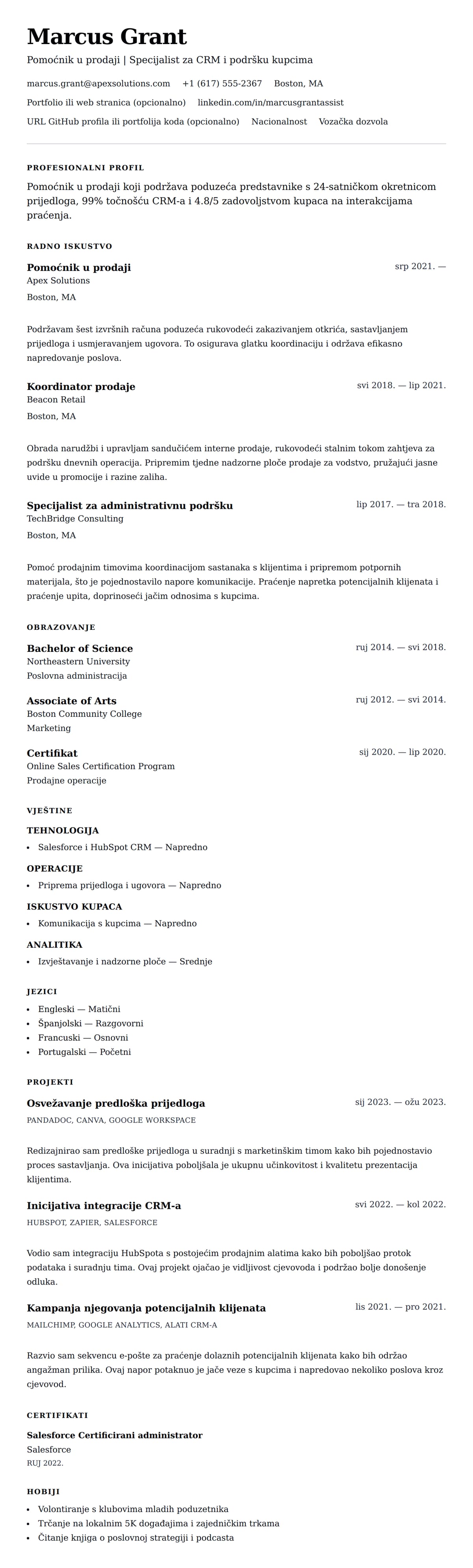 Pregled životopisa za Primjer životopisa za pomoćnika u prodaji