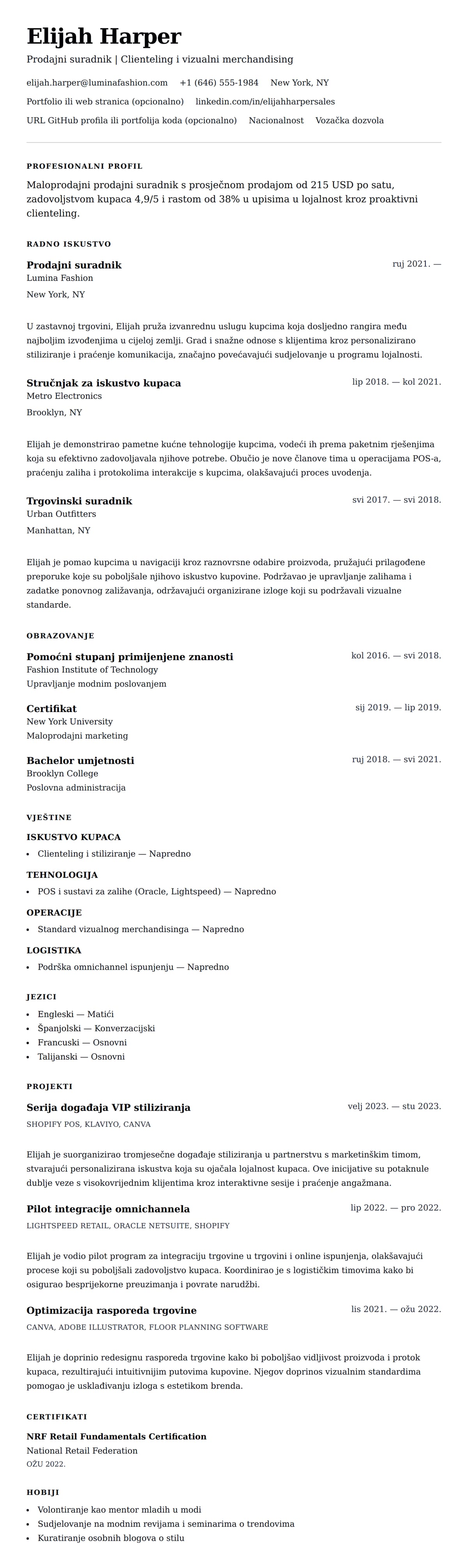 Pregled životopisa za Primjer životopisa prodajnog suradnika