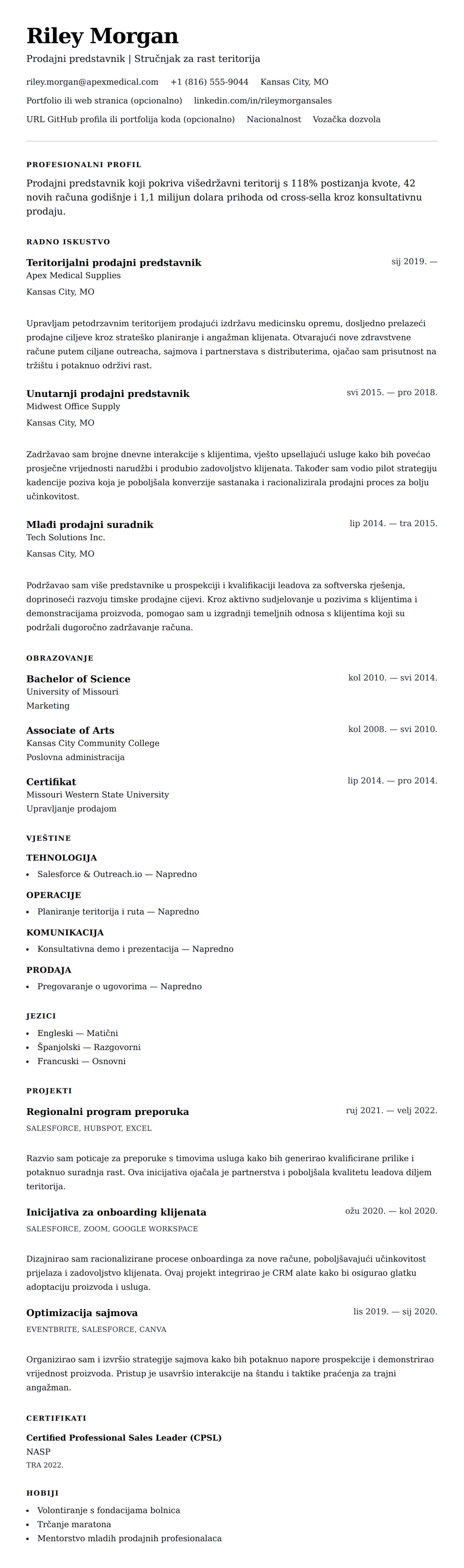Pregled životopisa za Primjer životopisa za prodajnog predstavnika