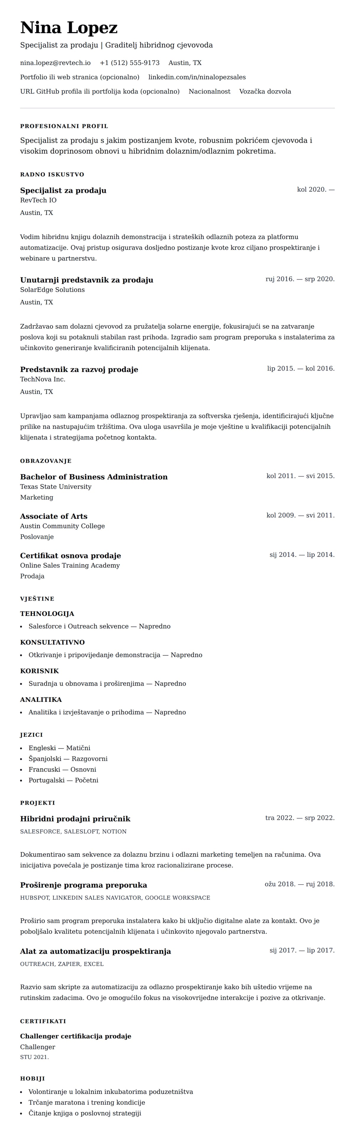 Pregled životopisa za Primjer životopisa specijalista za prodaju