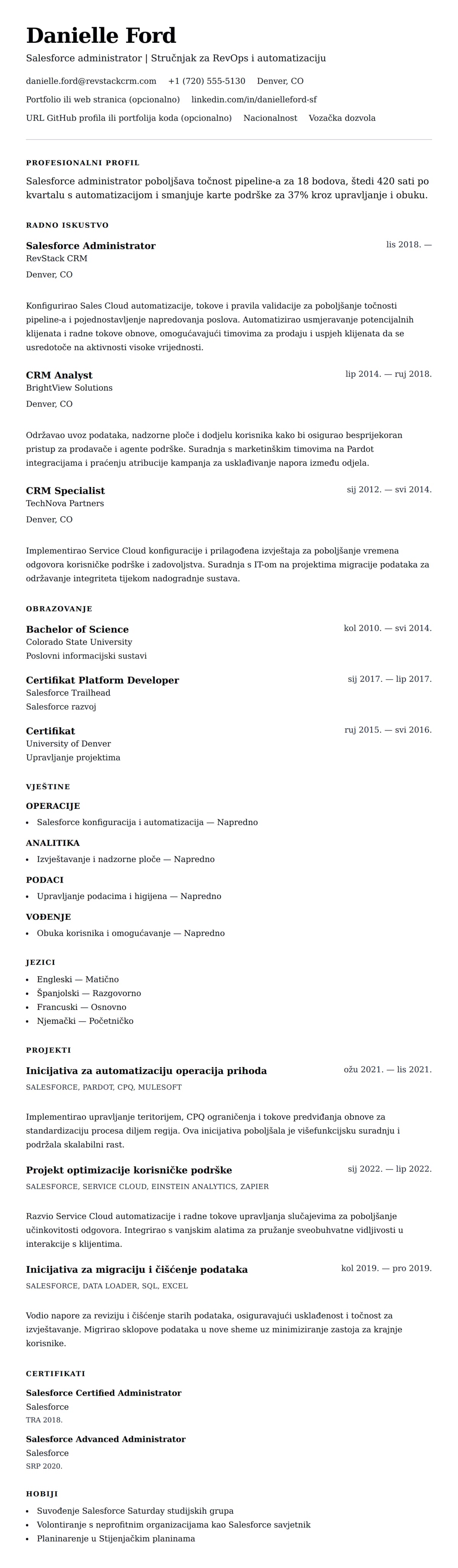 Pregled životopisa za Primjer životopisa za Salesforce administratora