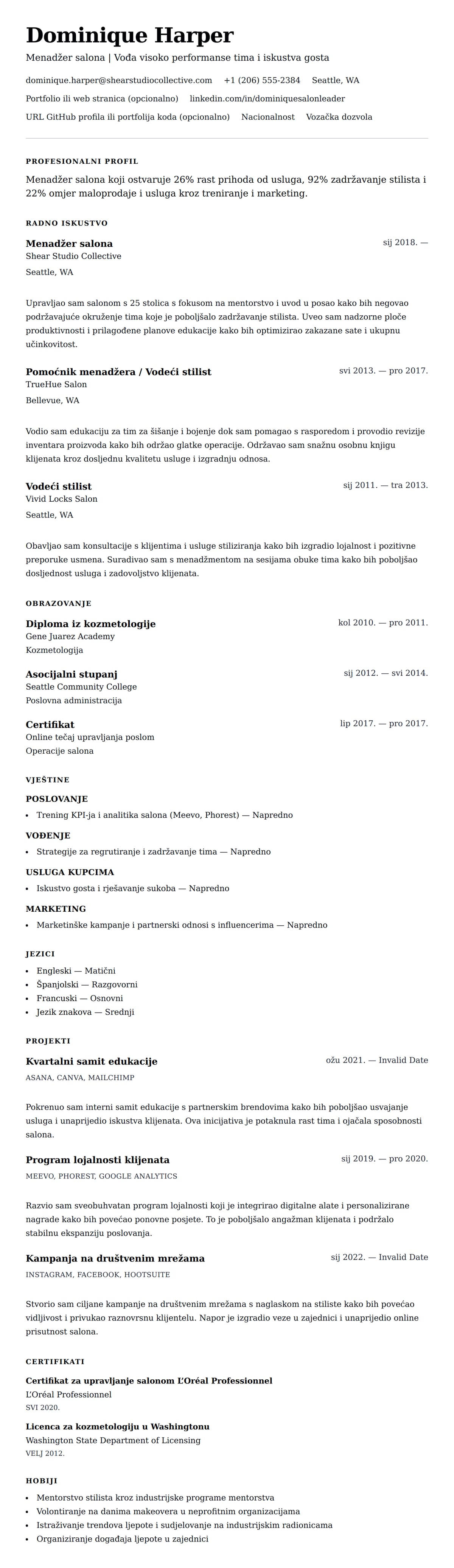 Pregled životopisa za Primjer životopisa za menadžera salona