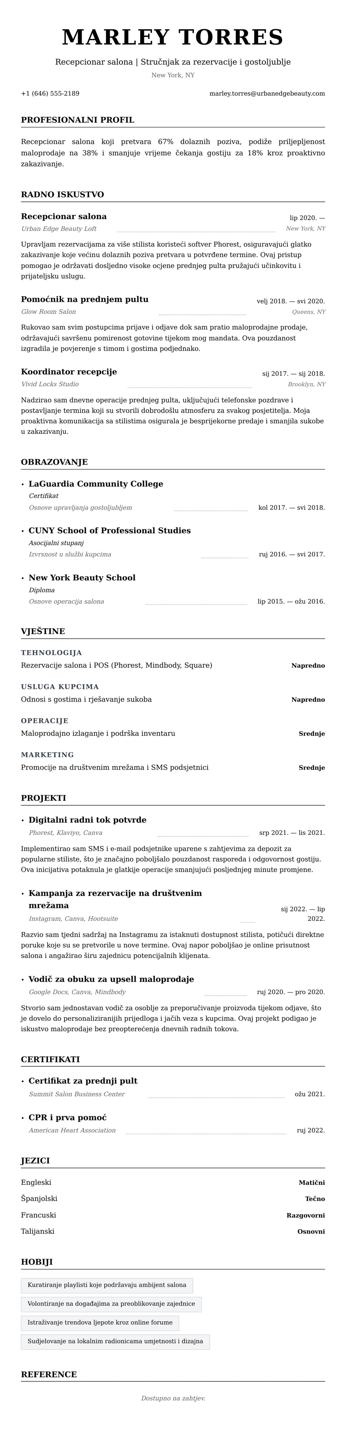 Pregled životopisa za Primjer životopisa recepcionara salona