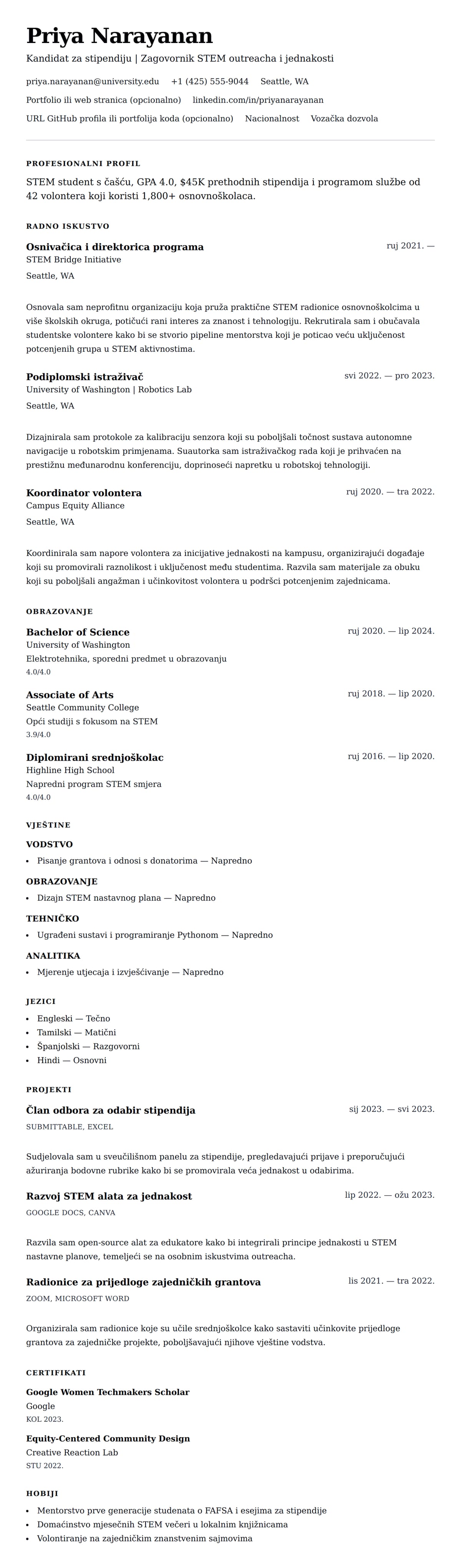 Pregled životopisa za Primjer stipendijskog životopisa