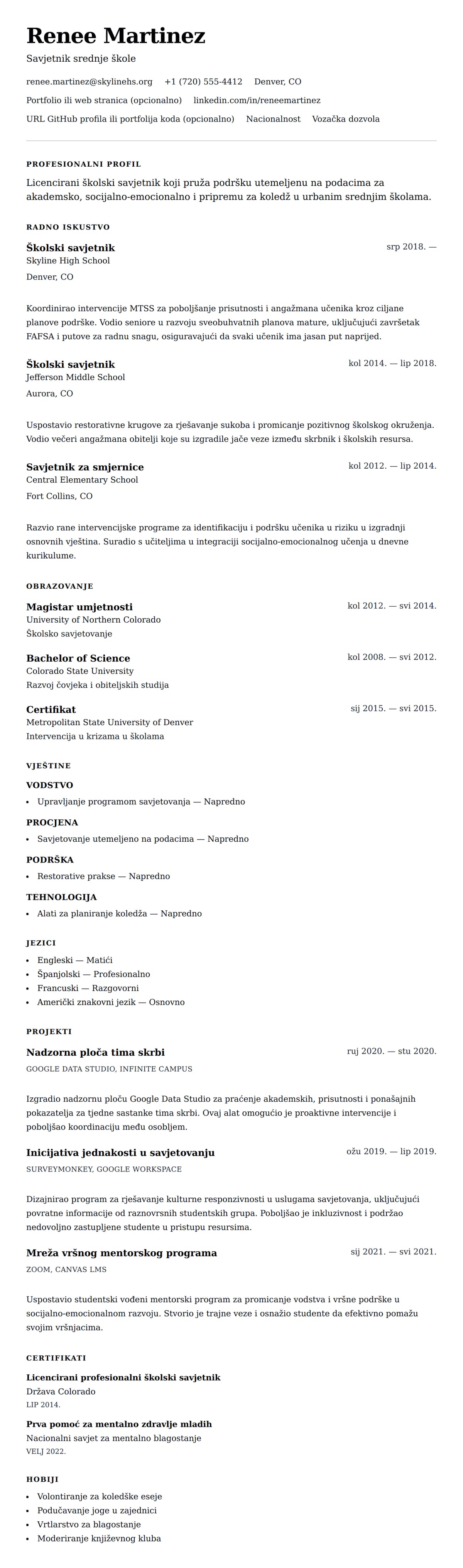 Pregled životopisa za Primjer životopisa školskog savjetnika