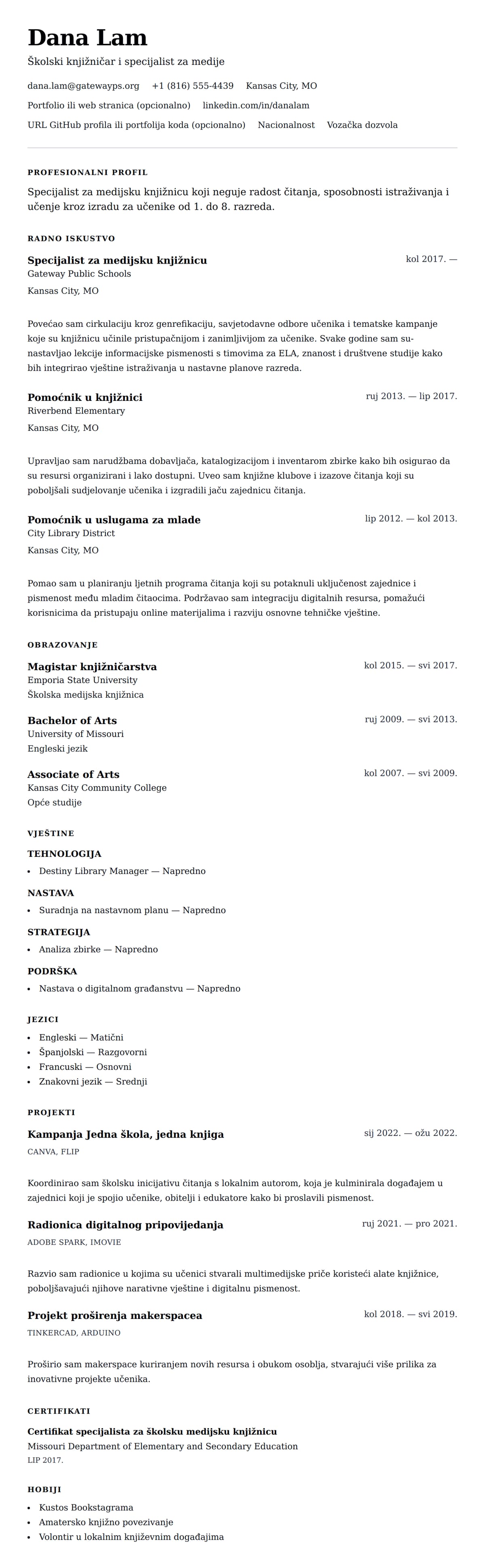 Pregled životopisa za Primjer životopisa knjižničara