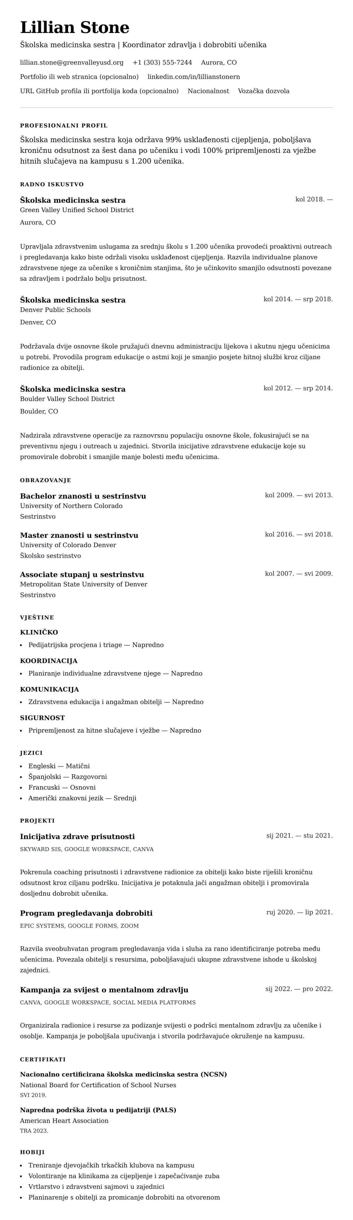 Pregled životopisa za Primjer životopisa školskog medicinskog sestre