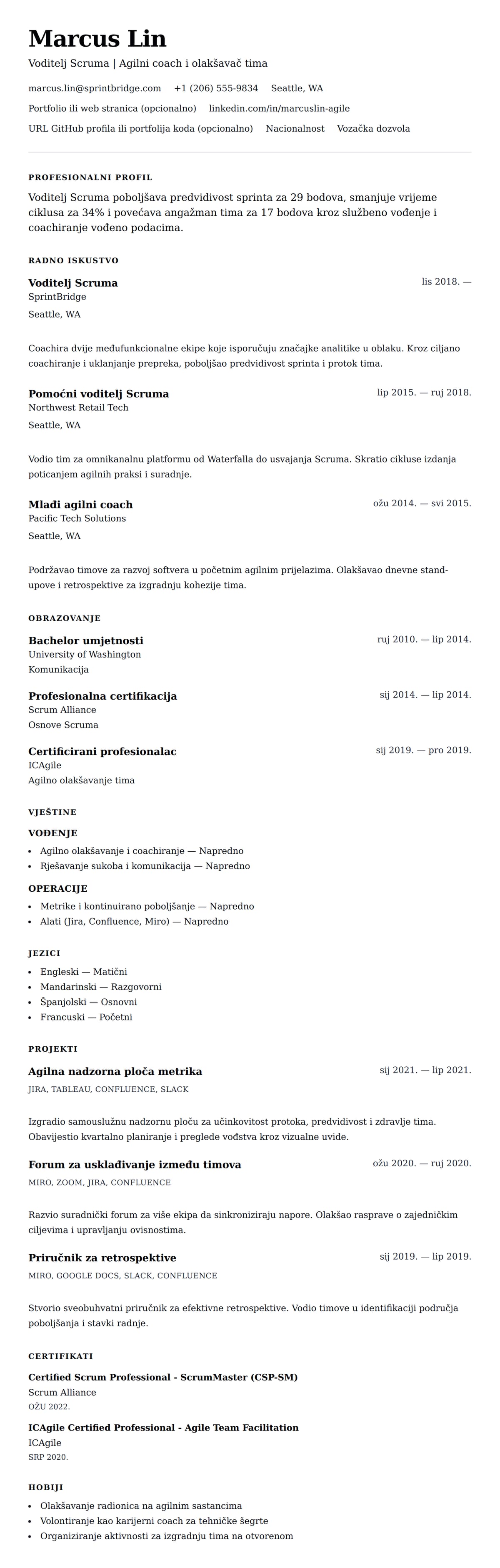 Pregled životopisa za Primjer životopisa za voditelja Scruma