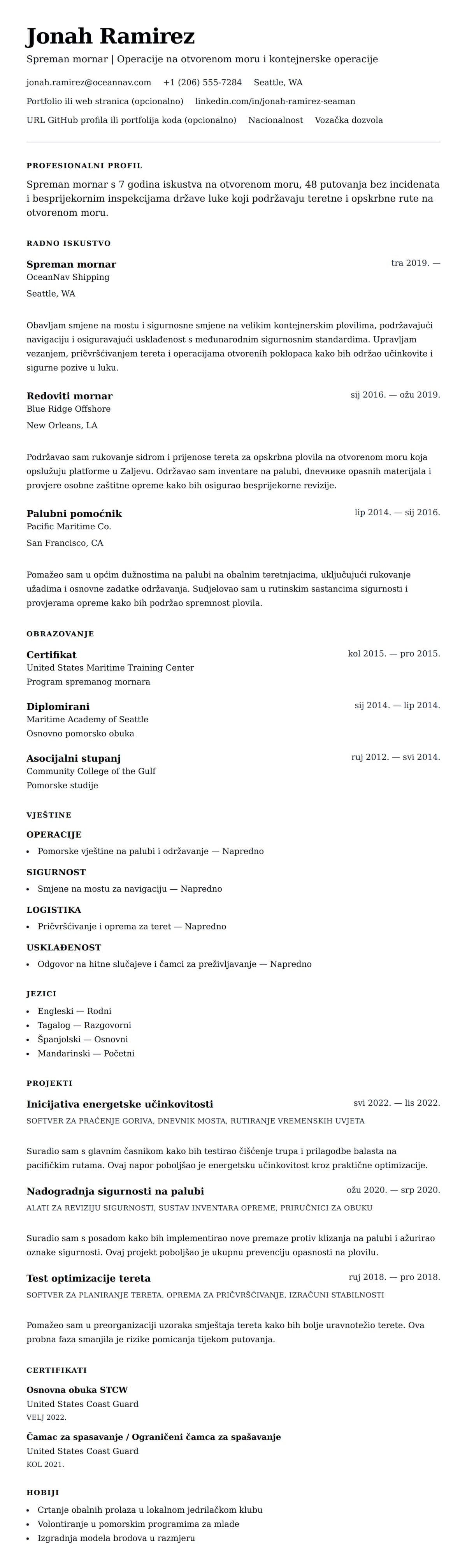 Pregled životopisa za Primjer životopisa mornara