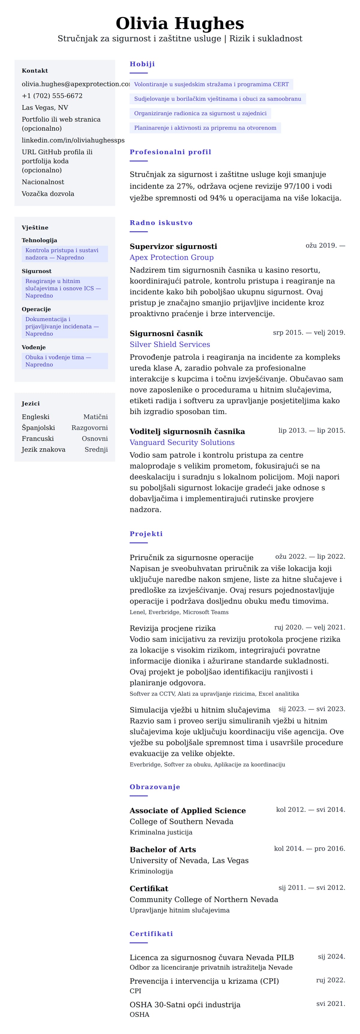 Pregled životopisa za Primjer životopisa stručnjaka za sigurnost i zaštitne usluge