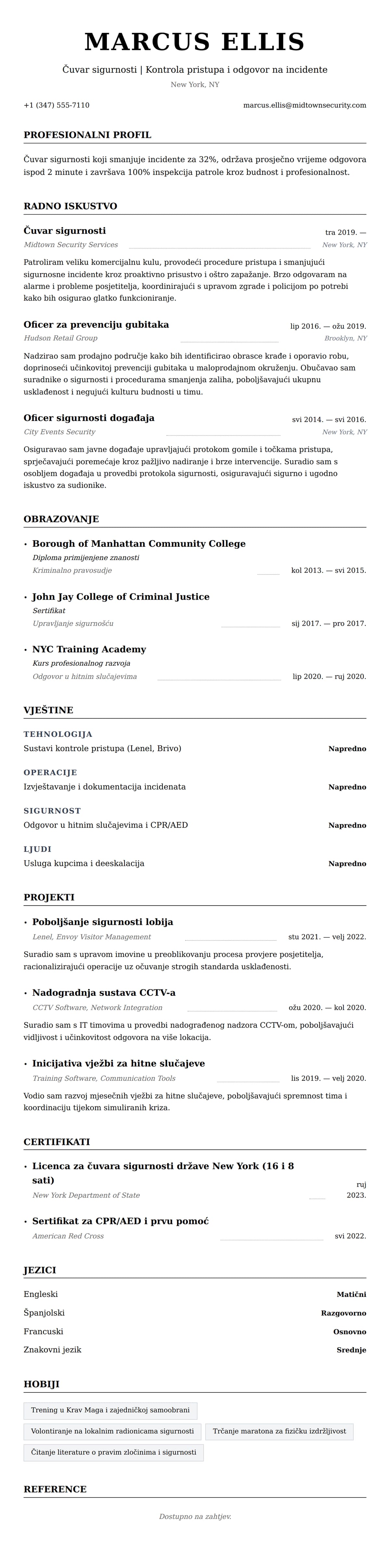 Pregled životopisa za Primjer životopisa čuvara sigurnosti