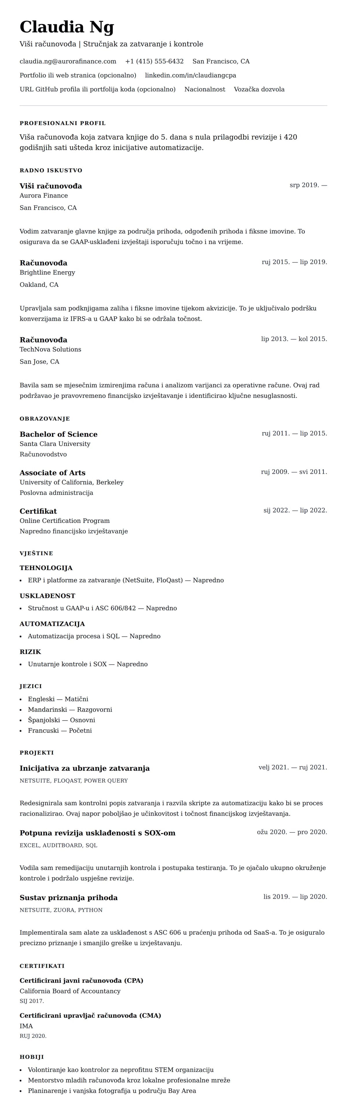 Pregled životopisa za Primjer životopisa višeg računovođe