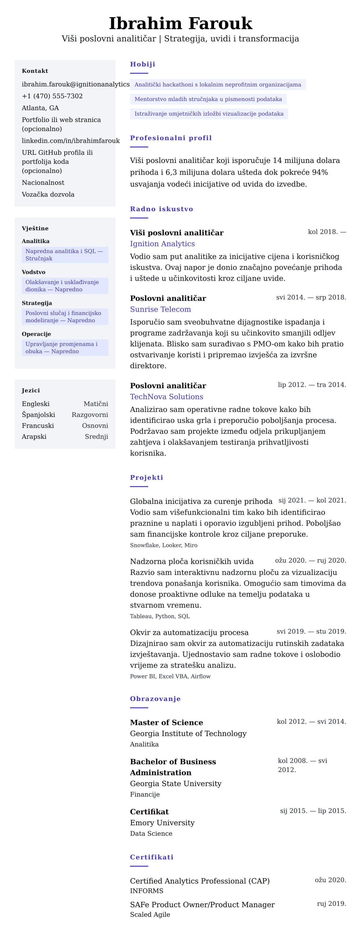 Pregled životopisa za Primjer životopisa višeg poslovnog analitičara