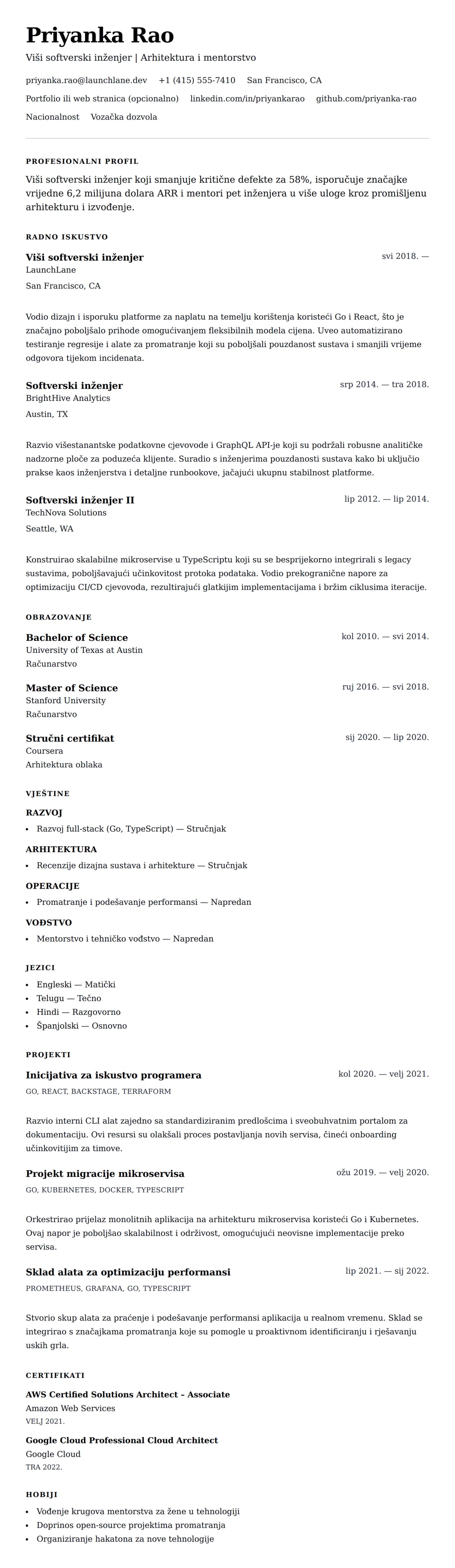 Pregled životopisa za Primjer životopisa višeg softverskog inženjera