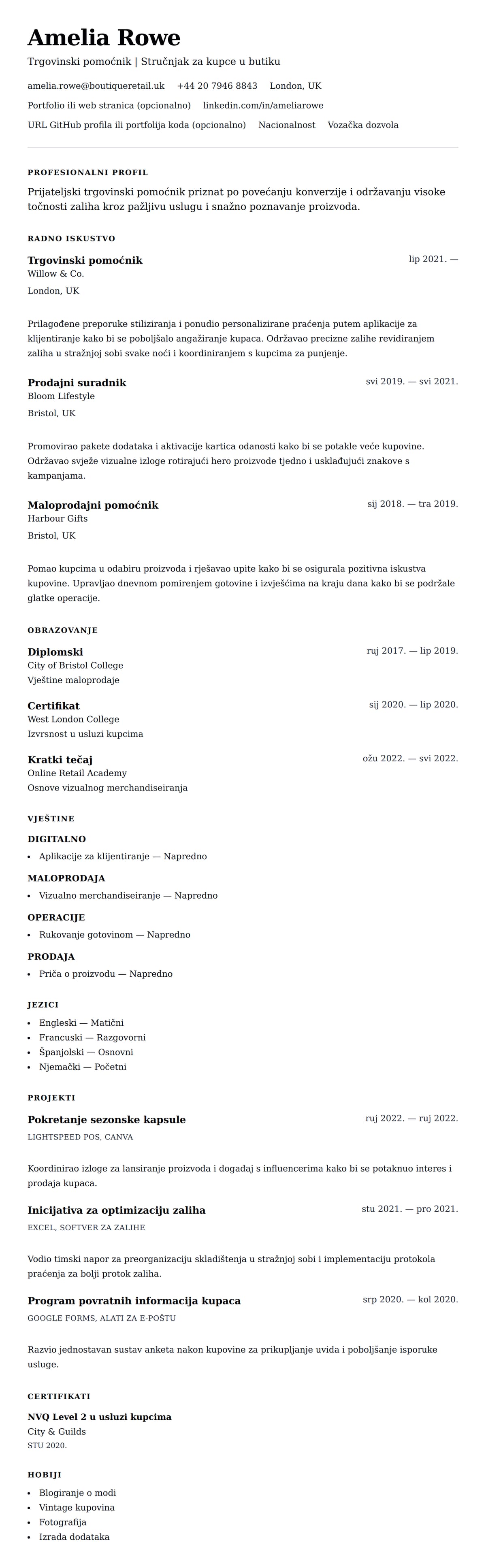 Pregled životopisa za Primjer CV-a za trgovinskog pomoćnika