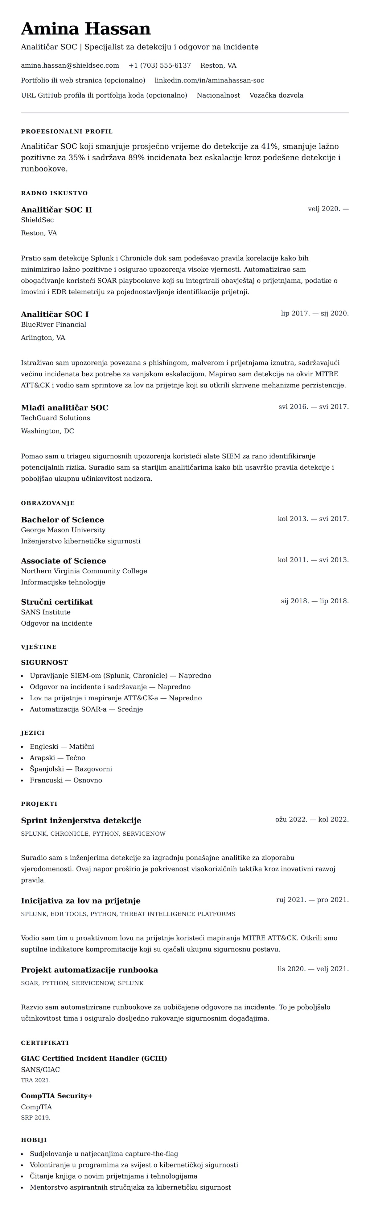 Pregled životopisa za Primjer CV-a analitičara SOC