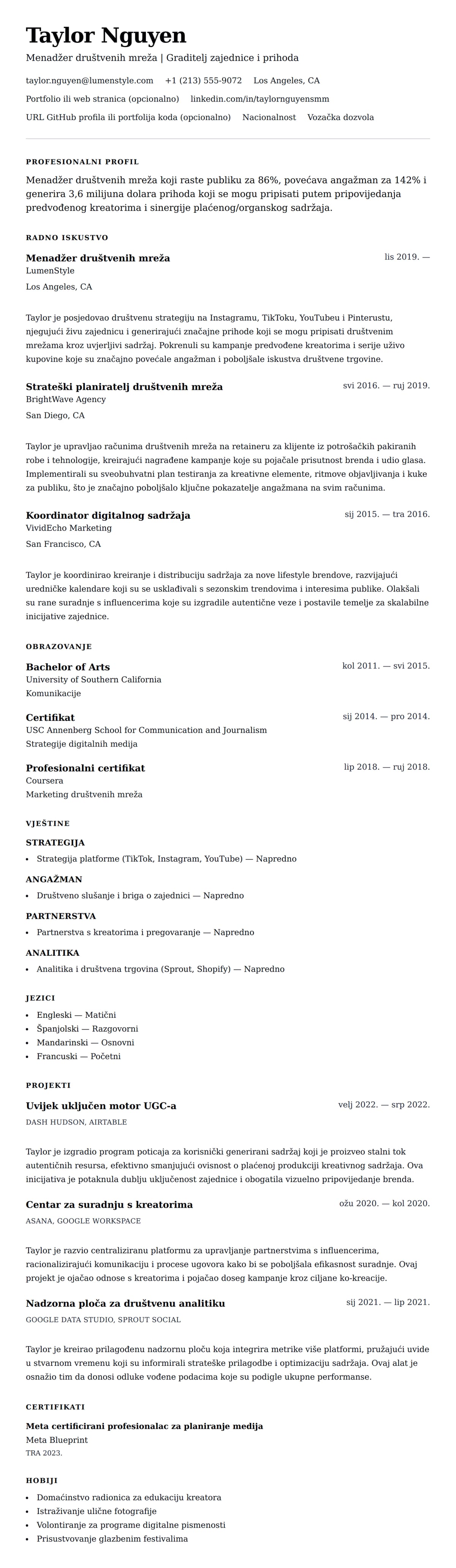 Pregled životopisa za Primjer životopisa za Menadžera društvenih mreža