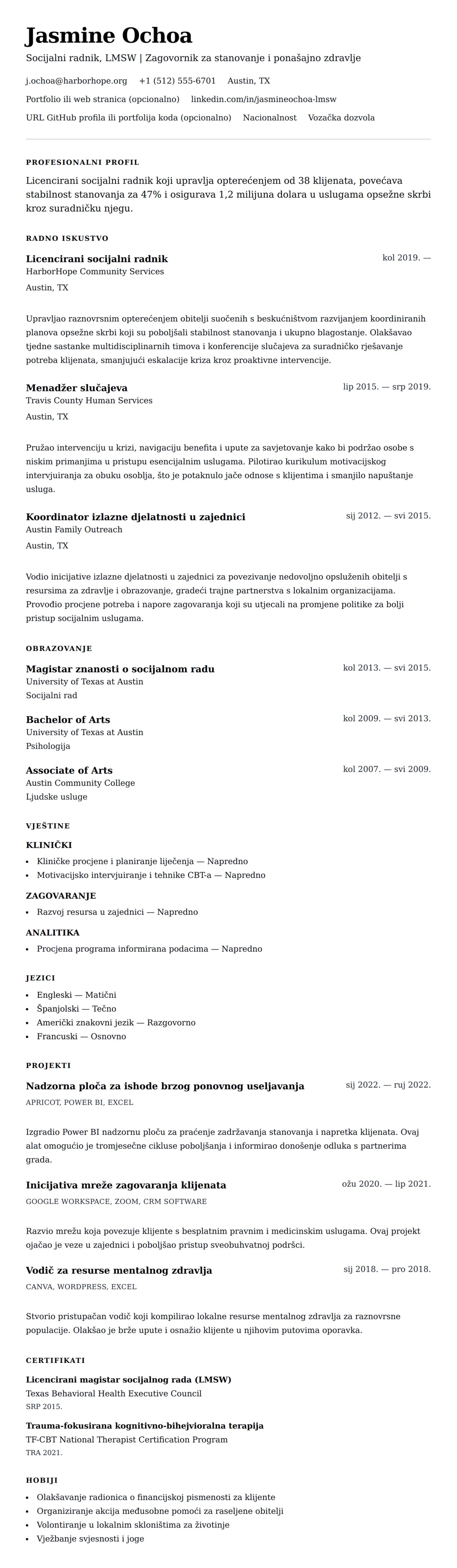 Pregled životopisa za Primjer životopisa socijalnog radnika