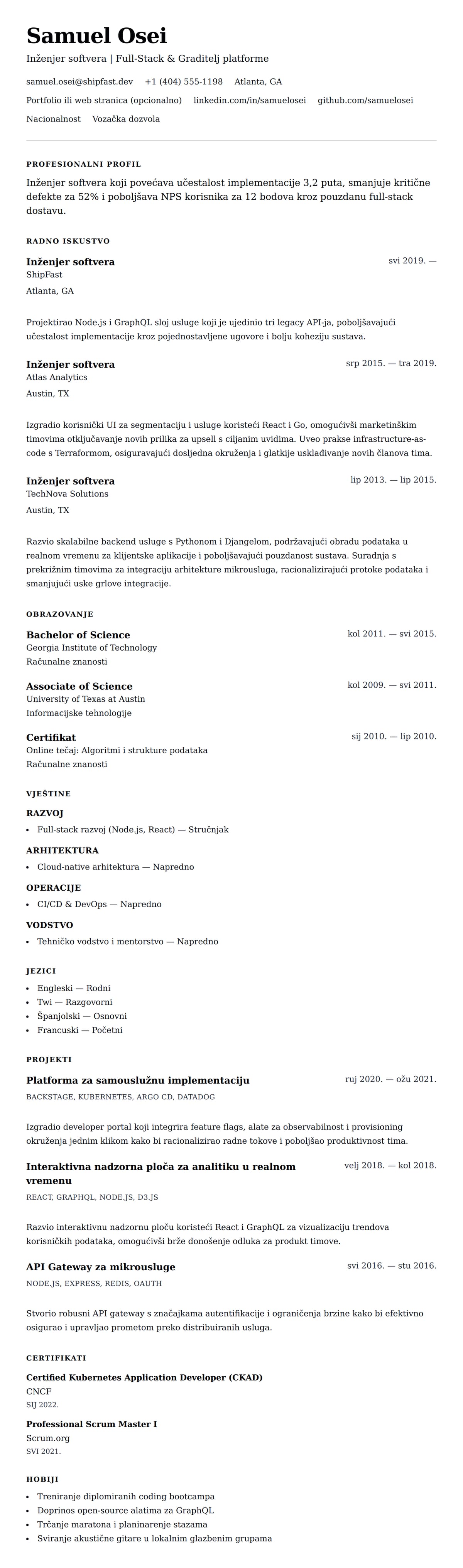 Pregled životopisa za Primjer životopisa inženjera softvera