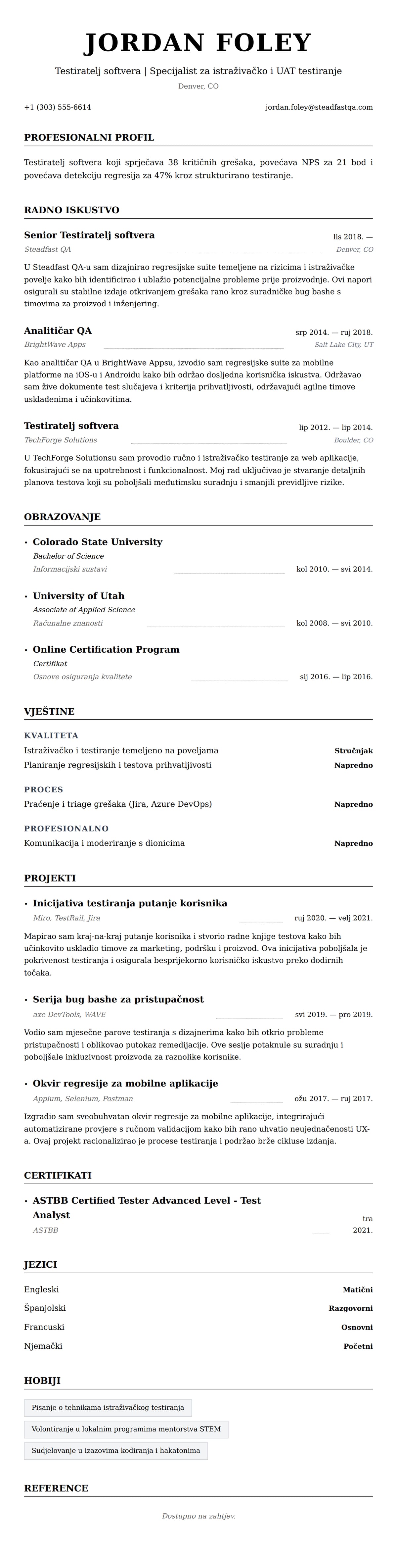 Pregled životopisa za Primjer životopisa za testiratelja softvera