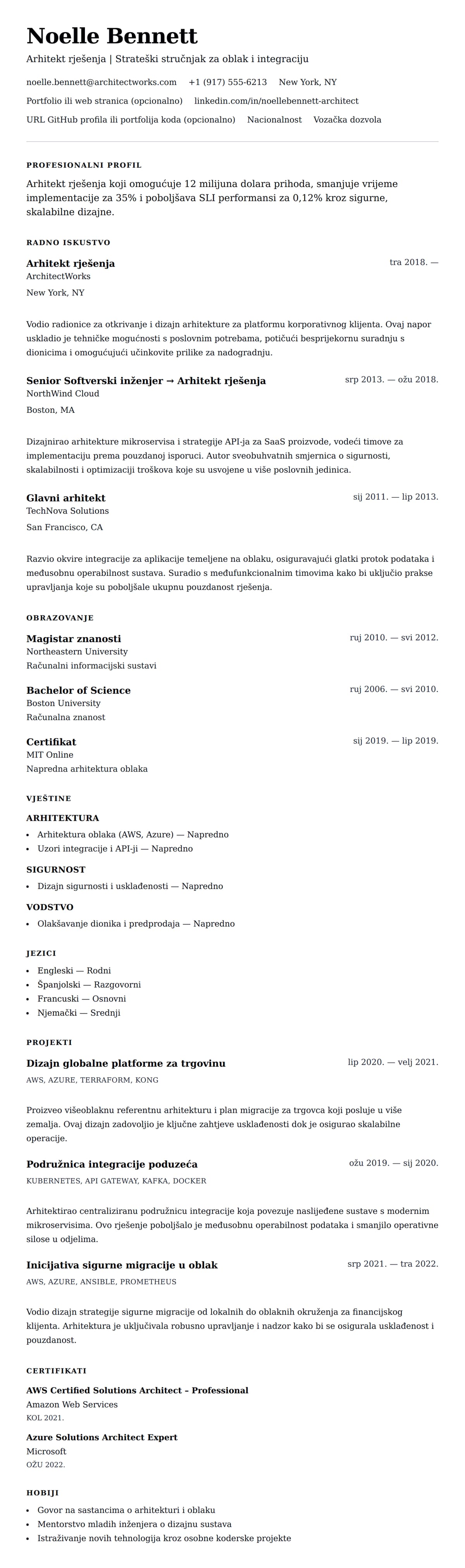 Pregled životopisa za Primjer životopisa arhitekta rješenja